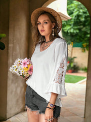 Plus Size Lace Detail V-Neck Three-Quarter Sleeve Blouse - Trendsi