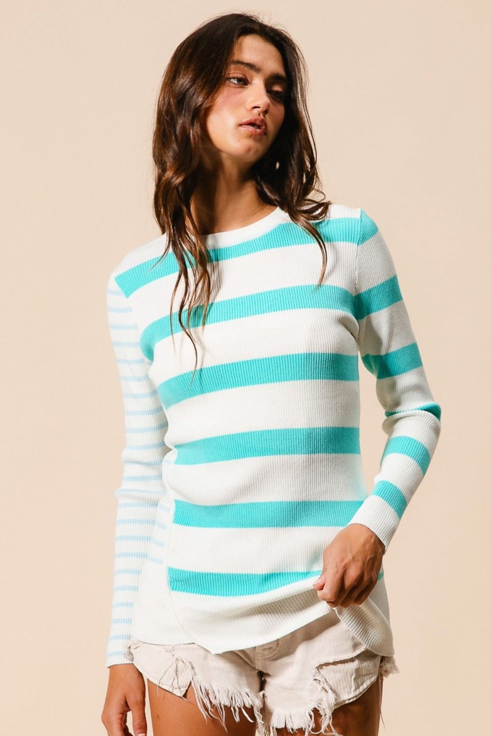 BiBi Contrast Striped Asymmetrical Hem Knit Top - Trendsi