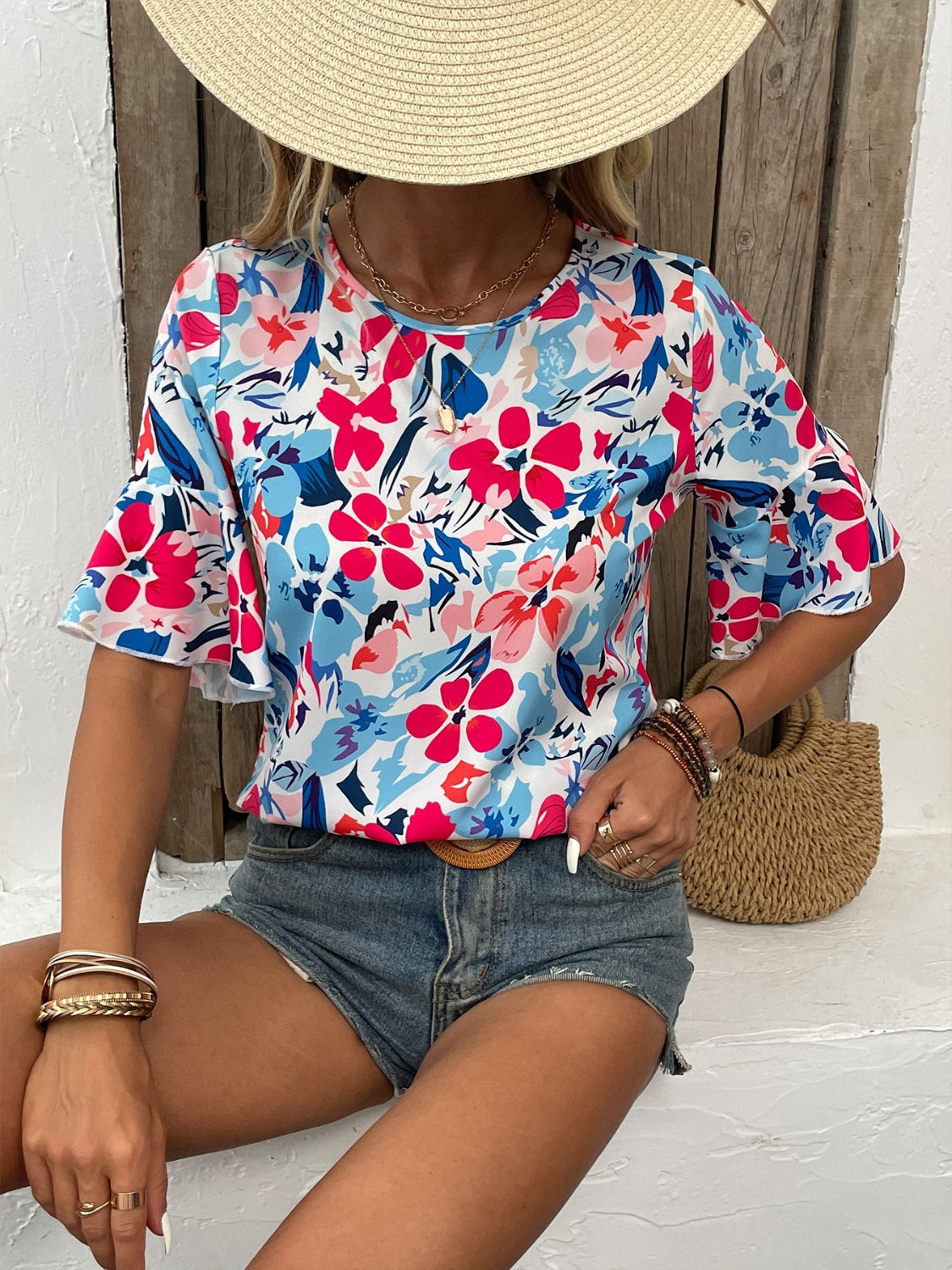 Printed Round Neck Flounce Sleeve Blouse Trendsi