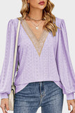 Eyelet V-Neck Long Sleeve Blouse - Flyclothing LLC