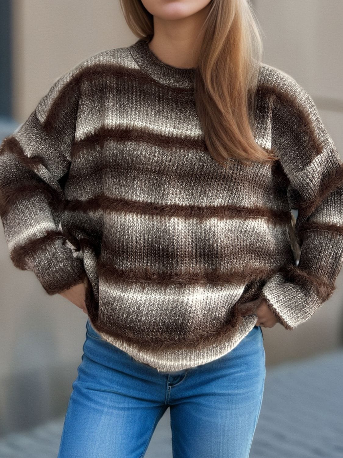 Gradient Round Neck Dropped Shoulder Sweater - Trendsi