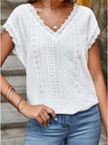 Eyelet V-Neck Cap Sleeve Blouse - Flyclothing LLC