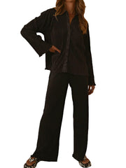 Collared Neck Long Sleeve Top and Pants Lounge Set - Trendsi