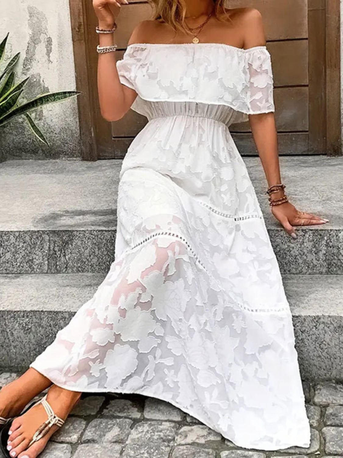 Off-Shoulder Short Sleeve Maxi Dress - Trendsi