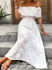 Off-Shoulder Short Sleeve Maxi Dress - Trendsi