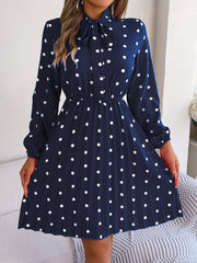 Polka Dot Tie Neck Pleated Dress - Flyclothing LLC