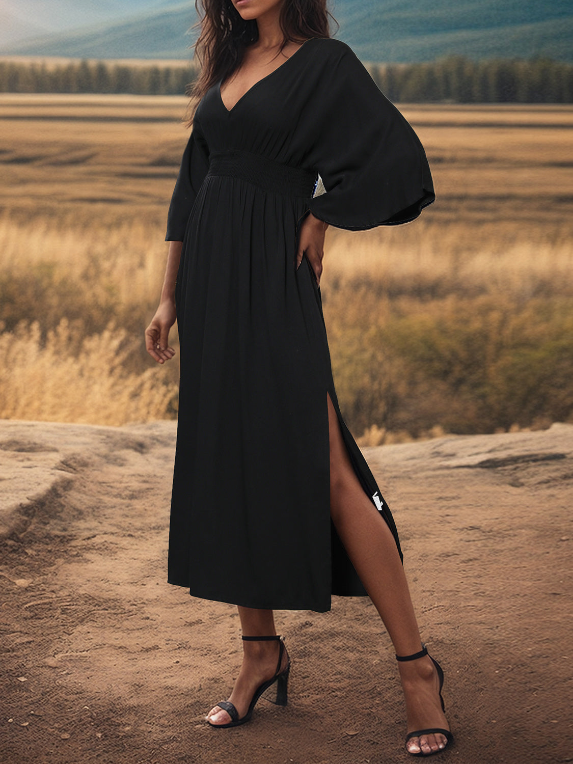 Slit V-Neck Long Sleeve Midi Dress - Flyclothing LLC