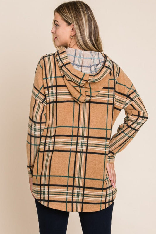 BOMBOM Drawstring Plaid Long Sleeve Hoodie - Trendsi