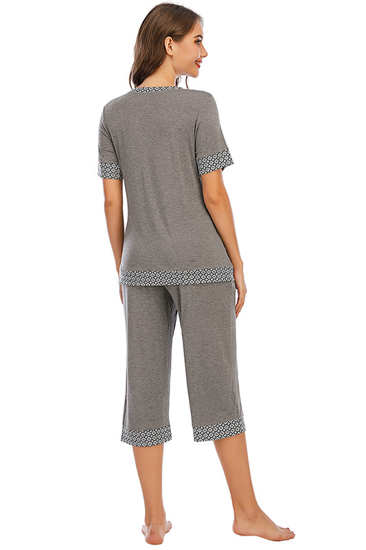 Round Neck Short Sleeve Top and Capris Pants Lounge Set - Flyclothing LLC