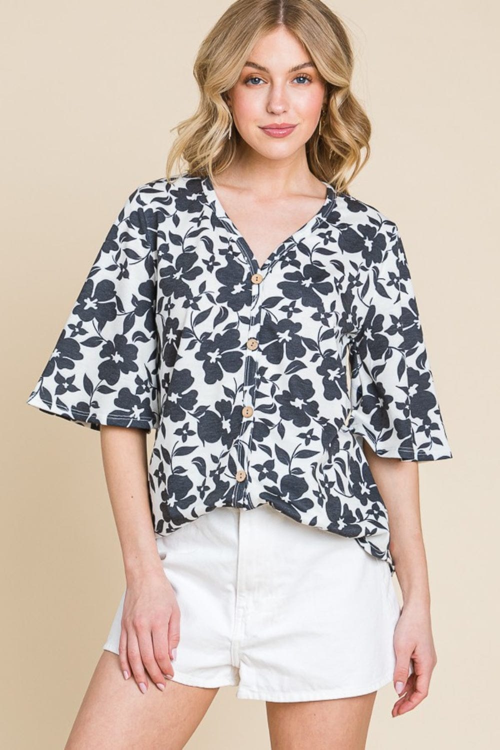 BOMBOM Floral Decorative Button V-Neck Top - Trendsi