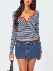 Buttoned Striped Long Sleeve T-Shirt - Trendsi