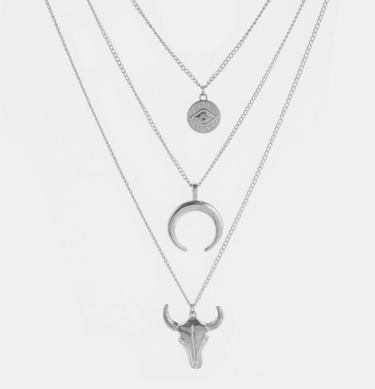 Alloy Three-Layered Bull Head Pendant Necklace - Trendsi