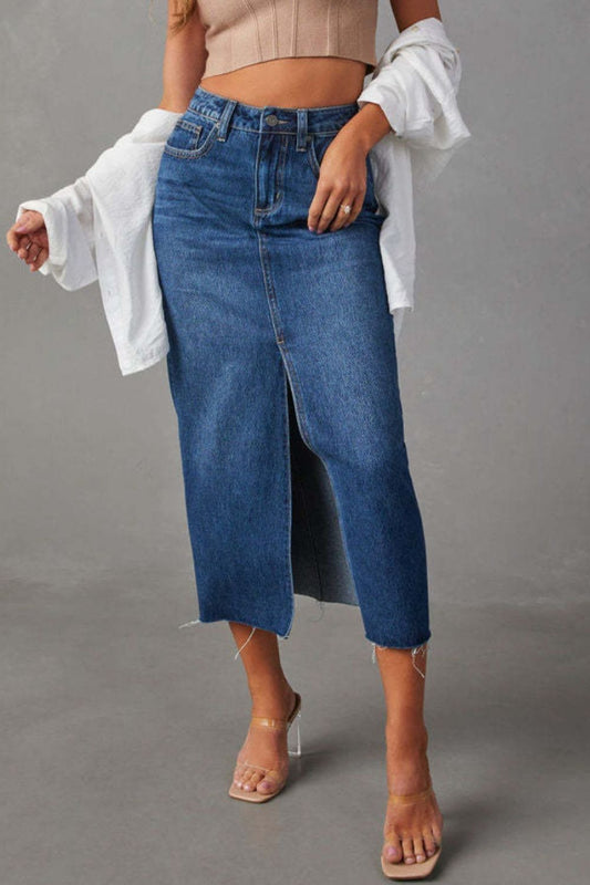 Slit Raw Hem Midi Denim Skirt - Flyclothing LLC