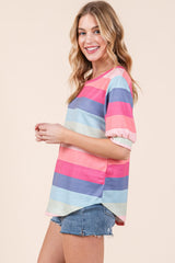 BOMBOM Striped Round Neck Half Sleeve T-Shirt - Trendsi