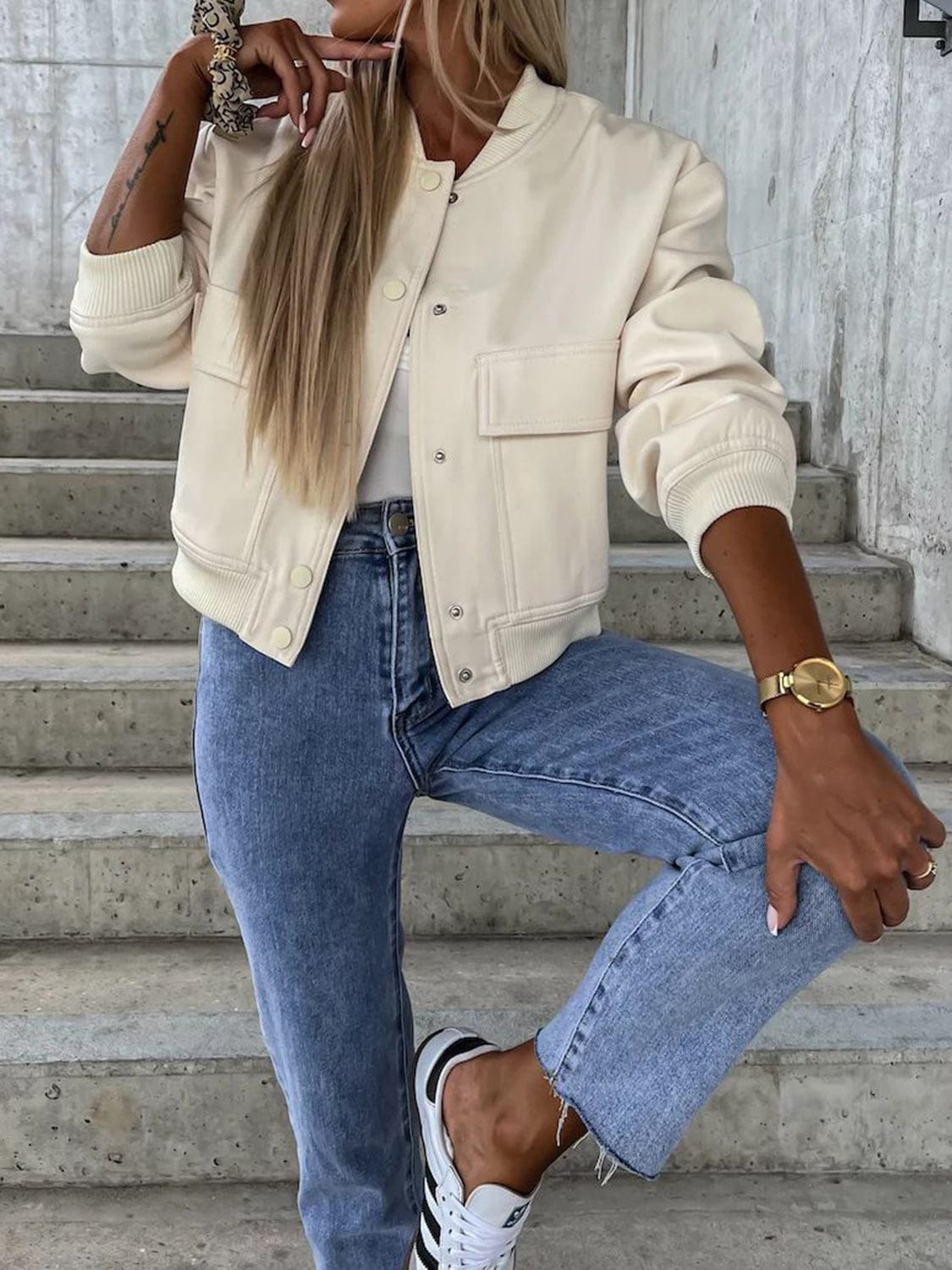 Baseball Collar Dropped Shoulder Jacket - Trendsi