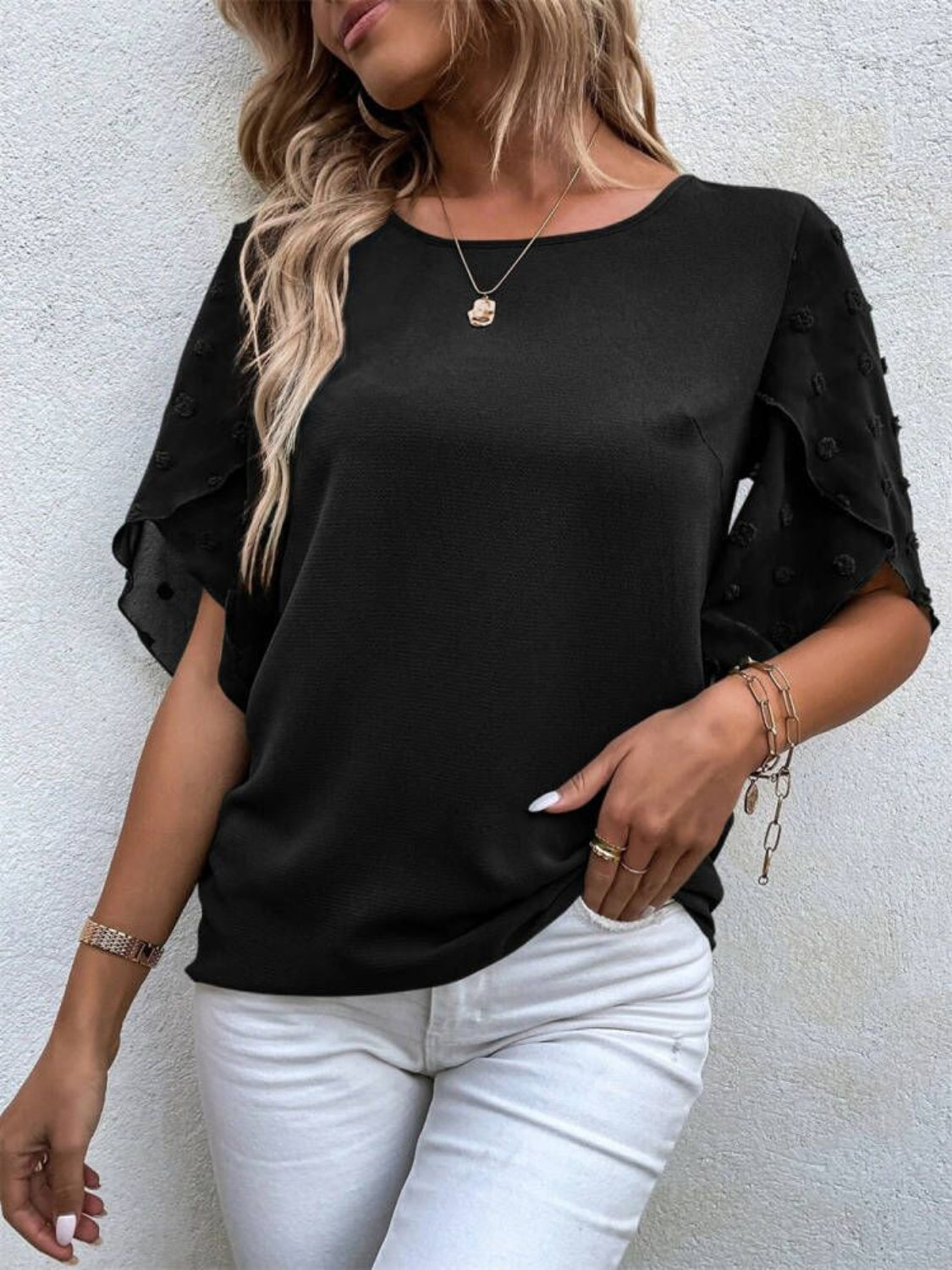 Swiss Dot Round Neck Half Sleeve Blouse Trendsi