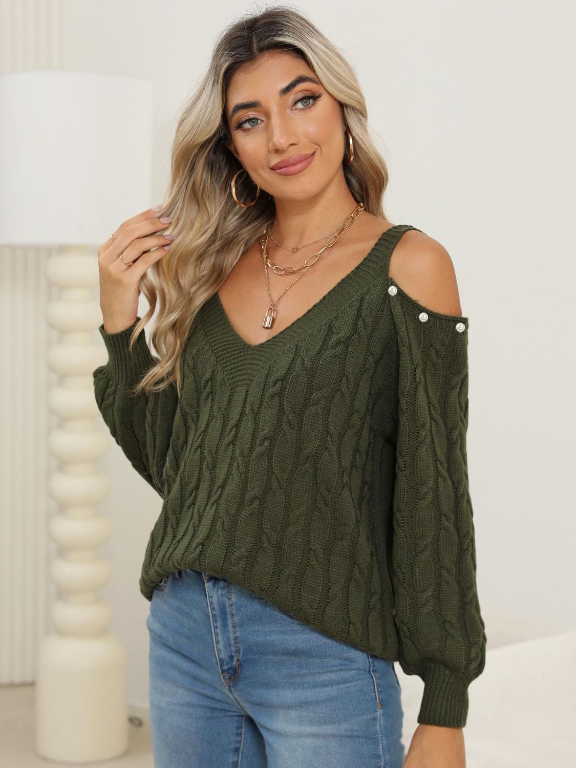 Cable-Knit Cold Shoulder Sweater - Trendsi