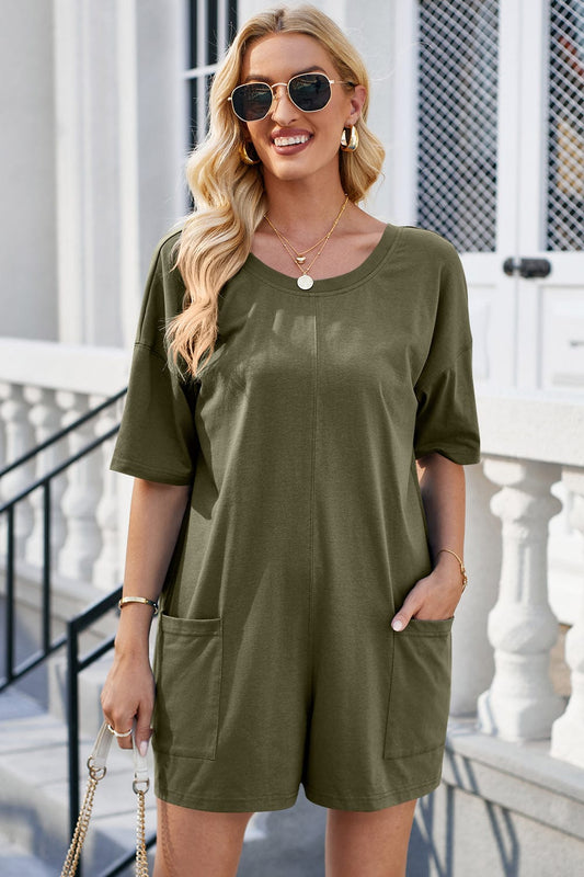 Backless Round Neck Half Sleeve Romper - Trendsi