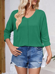 Textured Round Neck Three-Quarter Sleeve Blouse - Trendsi