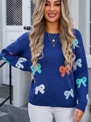 Bow Graphic Round Neck Long Sleeve Sweater - Trendsi