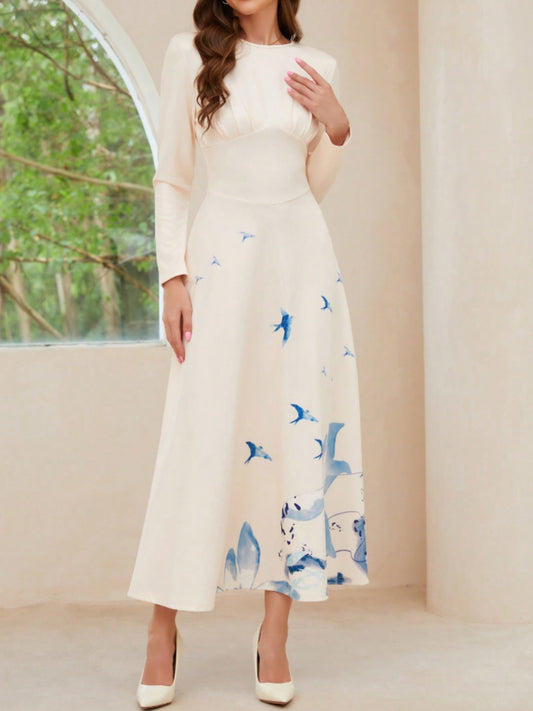 Printed Round Neck Long Sleeve Midi Dress