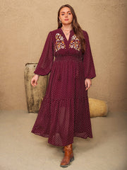 Plus Size Embroidered Polka Dot Tie Neck Long Sleeve Midi Dress - Trendsi