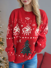 Christmas Element Round Neck Long Sleeve Sweater - Trendsi