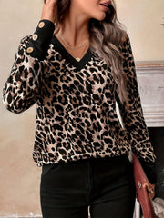 Decorative Button Leopard V-Neck Long Sleeve T-Shirt - Trendsi