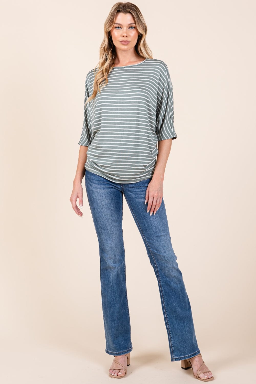 BOMBOM Striped Boat Neck Dolman Sleeve Top - Trendsi