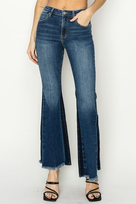 RISEN Full Size High Rise Side Shadow Seam Detail Slit Flare Jeans - Trendsi