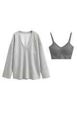 Basic Bae V-Neck Dropped Shoulder Long Sleeve Sweatshirt with Bra - Trendsi