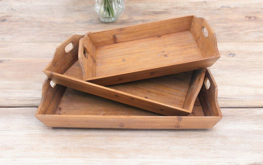 Set of Three Brown Wood Serving Tray