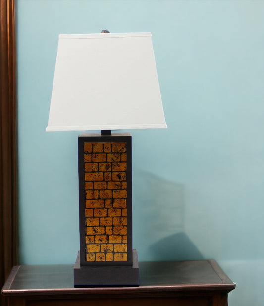 31" Black and Yellow Metal Bedside Table Lamp With White Empire Shade