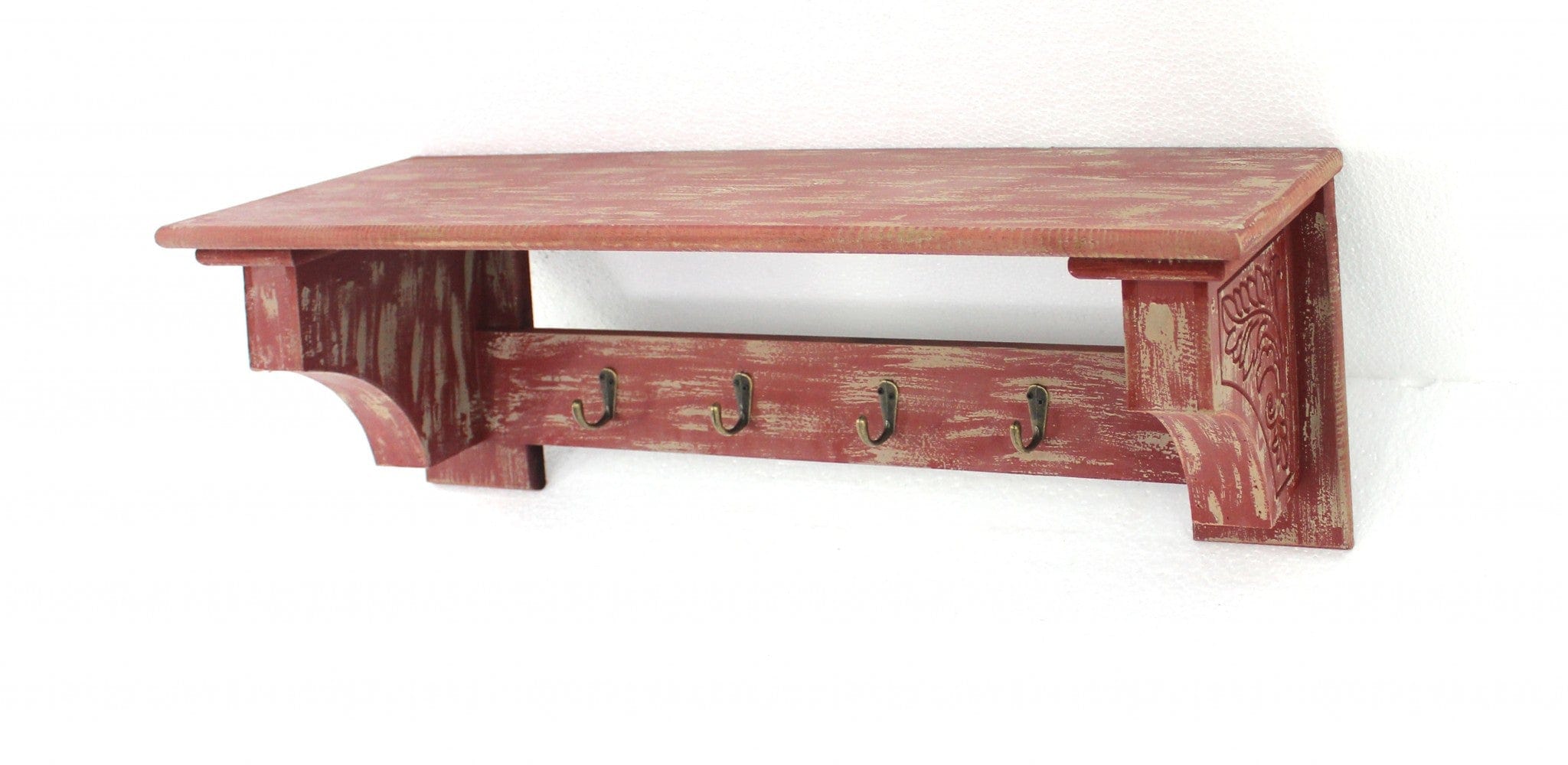 8 X 30 X 9.75 Red Vintage Wooden 4 Metal Hooks - Wall Shelf - Homeroots