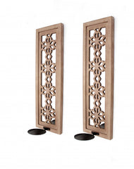 Set of Two Tan Lattice Wall Sconce Candle Holders