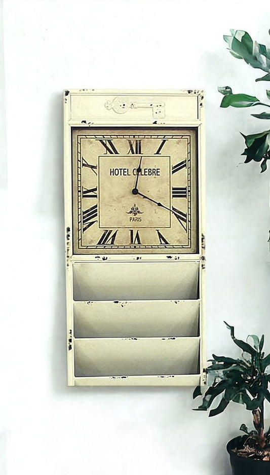 60" Off White Vintage Look Magazine Rack With Clock - Homeroots