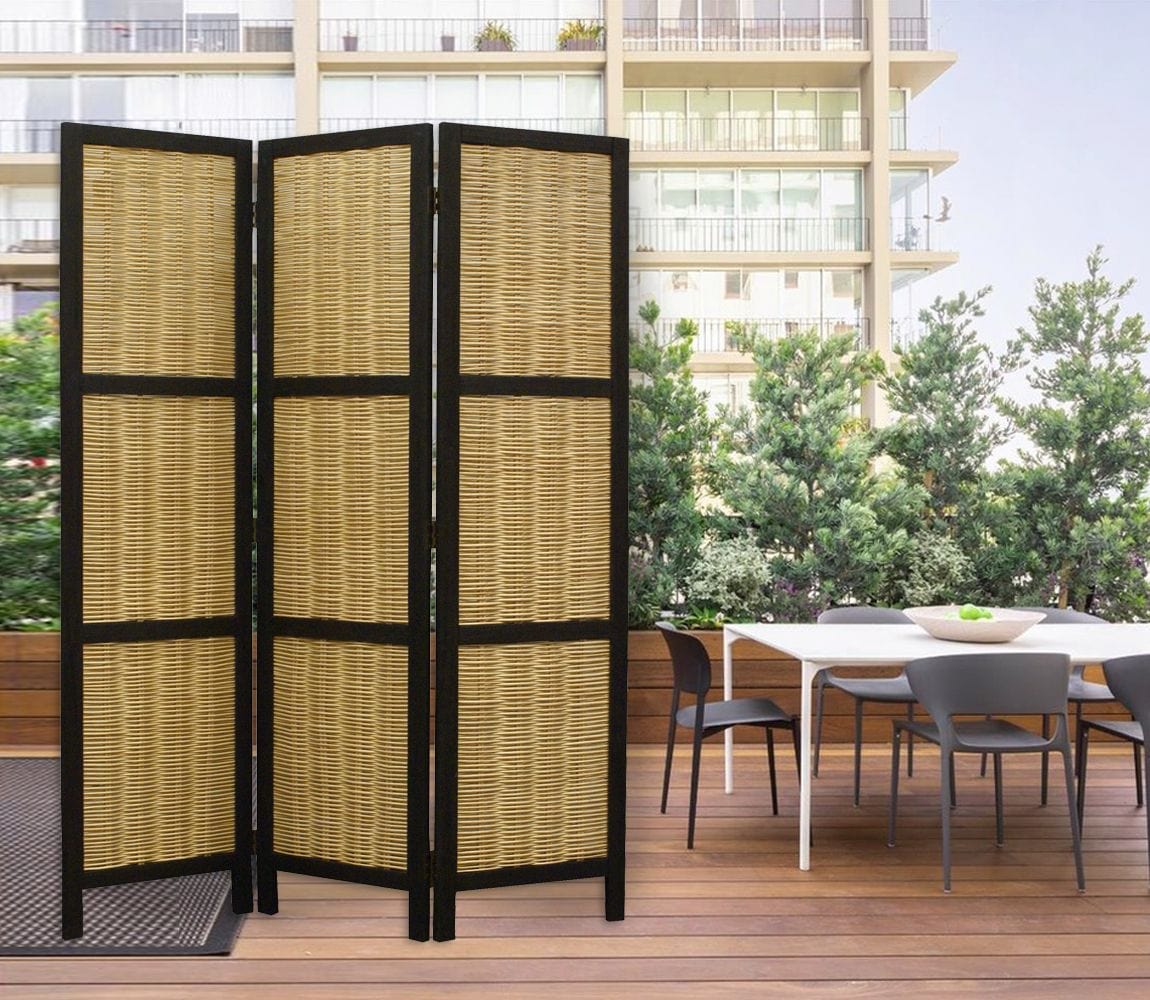 Dark Brown And Natural Willow 3 Panel Room Divider Screen - Homeroots