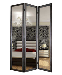 69" Black Wood and Mirrored Glass Folding Three Panel Screen Room Divider - Homeroots