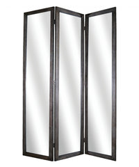 69" Black Wood and Mirrored Glass Folding Three Panel Screen Room Divider - Homeroots