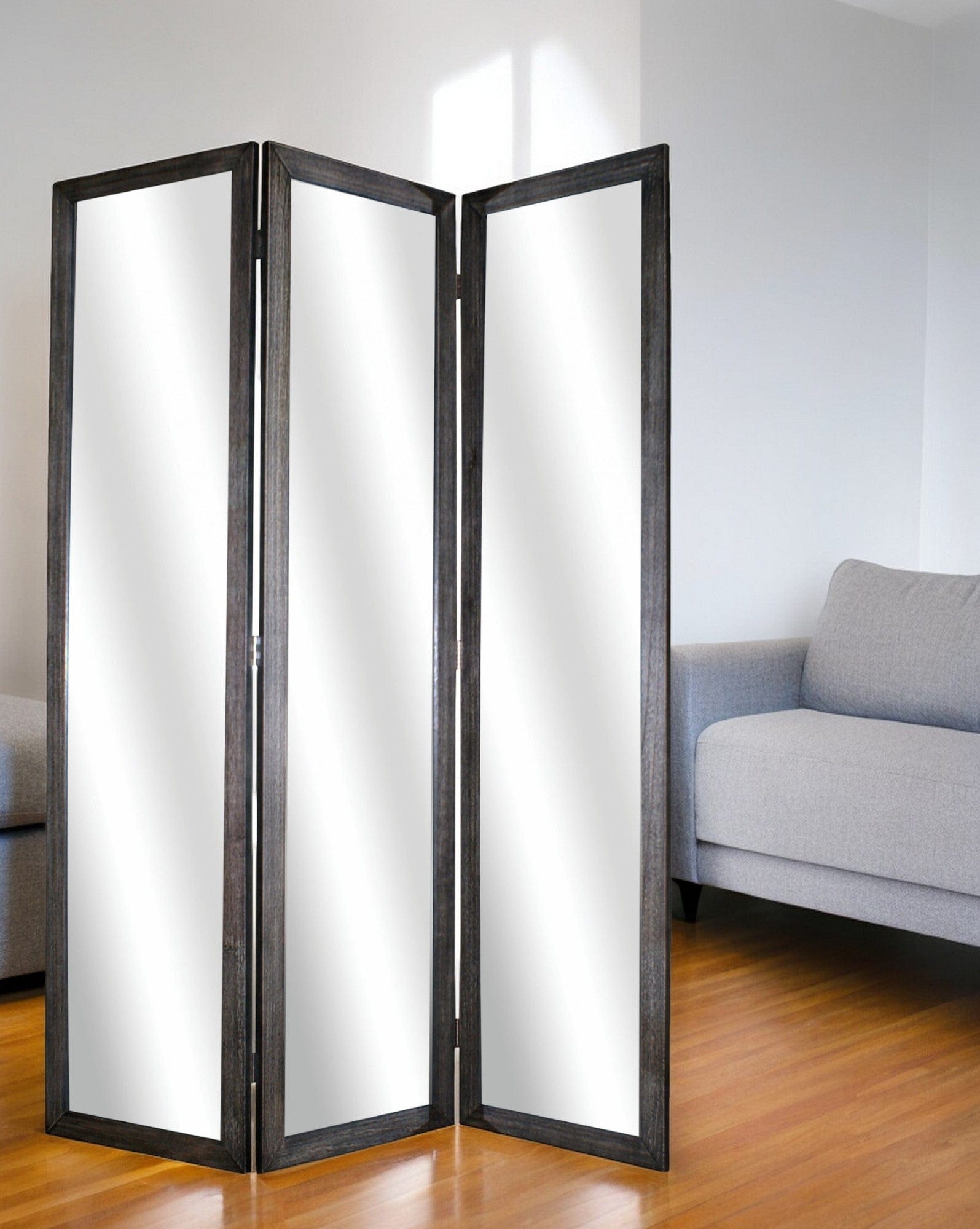 69" Black Wood and Mirrored Glass Folding Three Panel Screen Room Divider - Homeroots