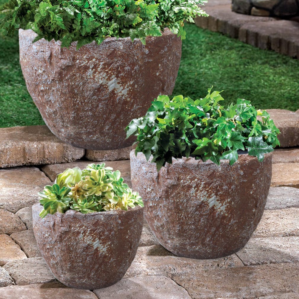 Set of Three 21" Brown Stone Indoor Outdoor Round Pot Planter