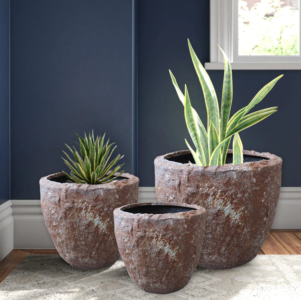 Set of Three 21" Brown Stone Indoor Outdoor Round Pot Planter