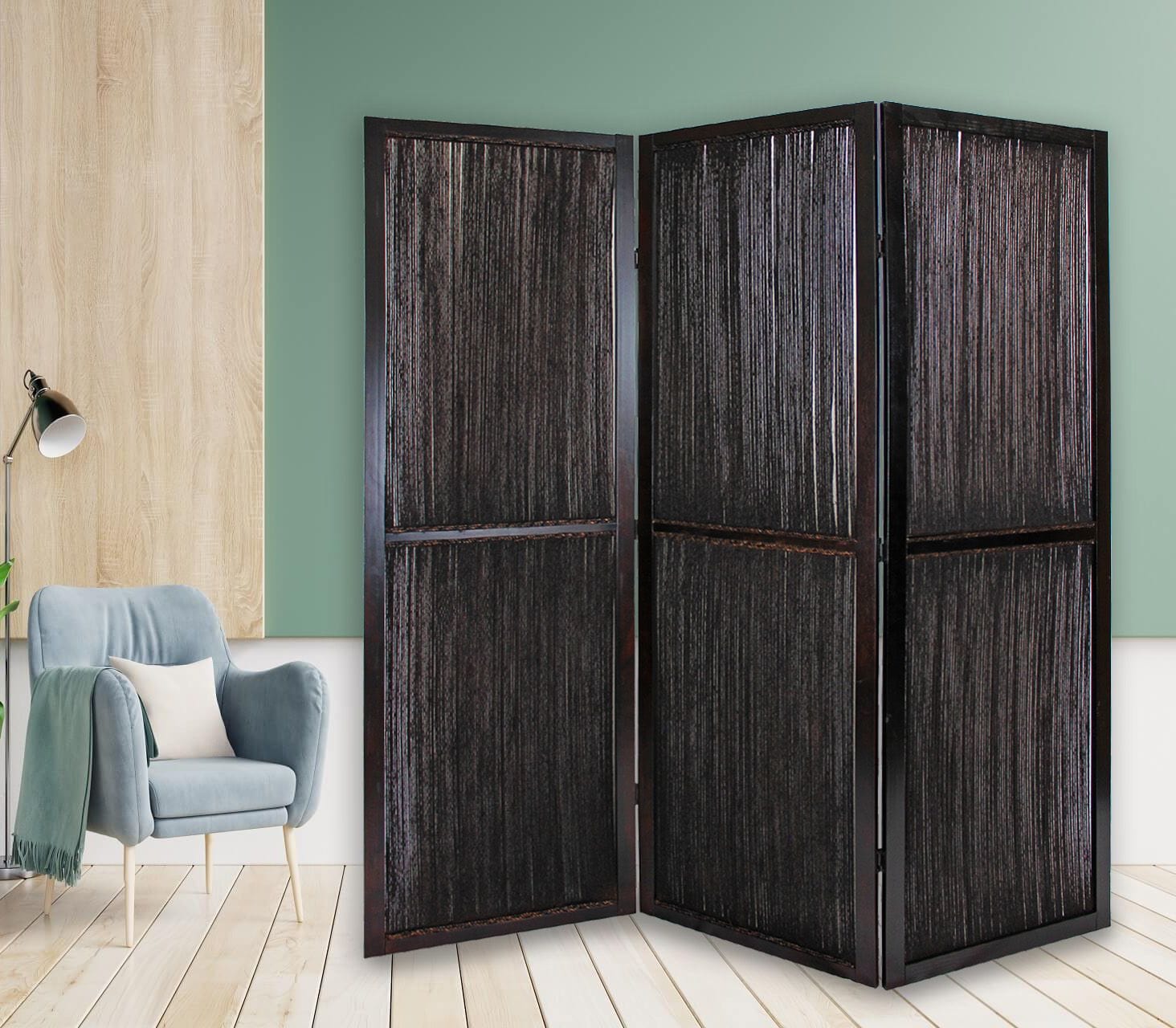 Dark Wood And Water Hyacinth 3 Panel Room Divider Screen - Homeroots