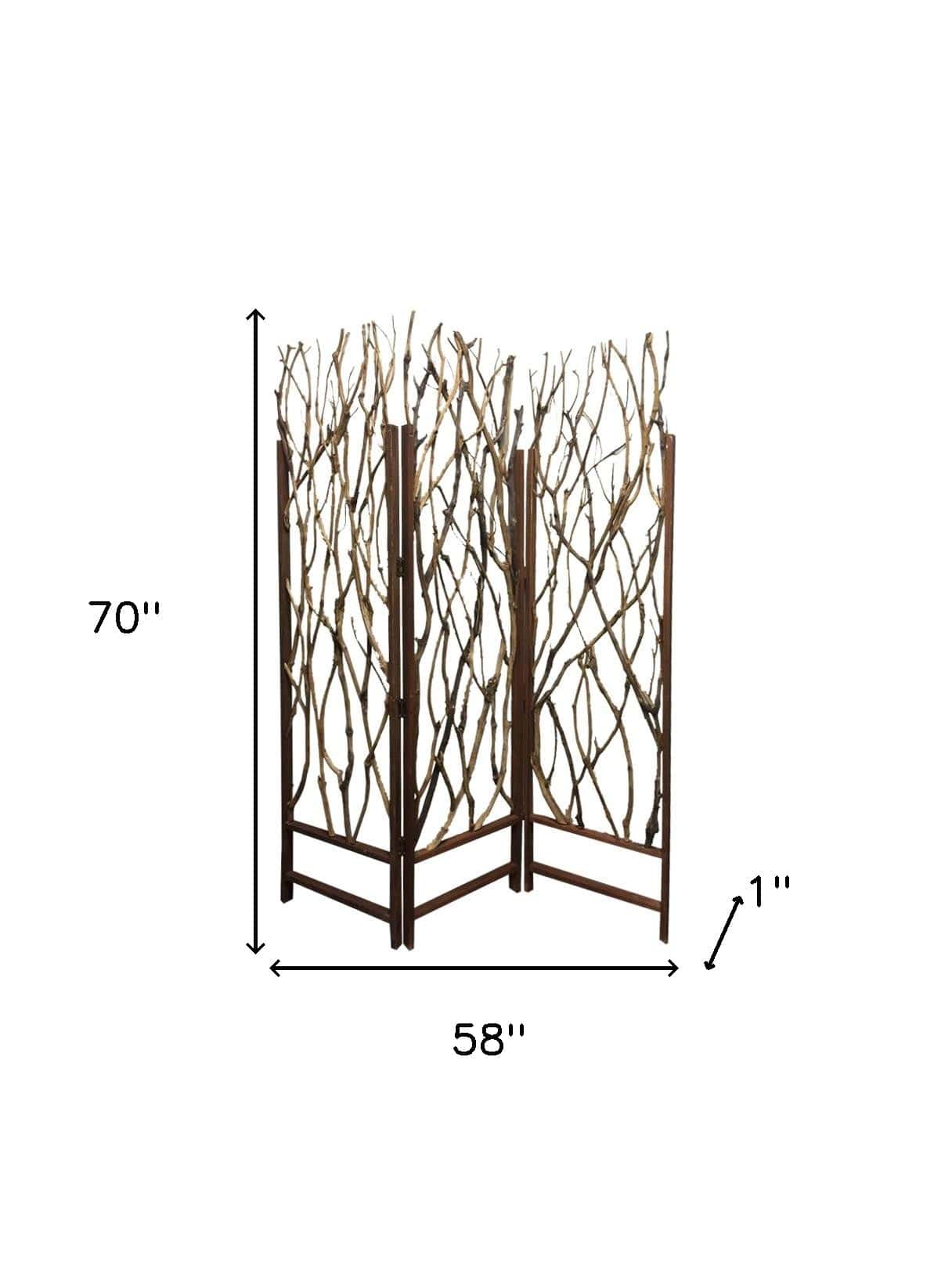 70" Brown Wood Branches Folding Three Panel Screen Room Divider - Homeroots