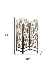 70" Brown Wood Branches Folding Three Panel Screen Room Divider - Homeroots