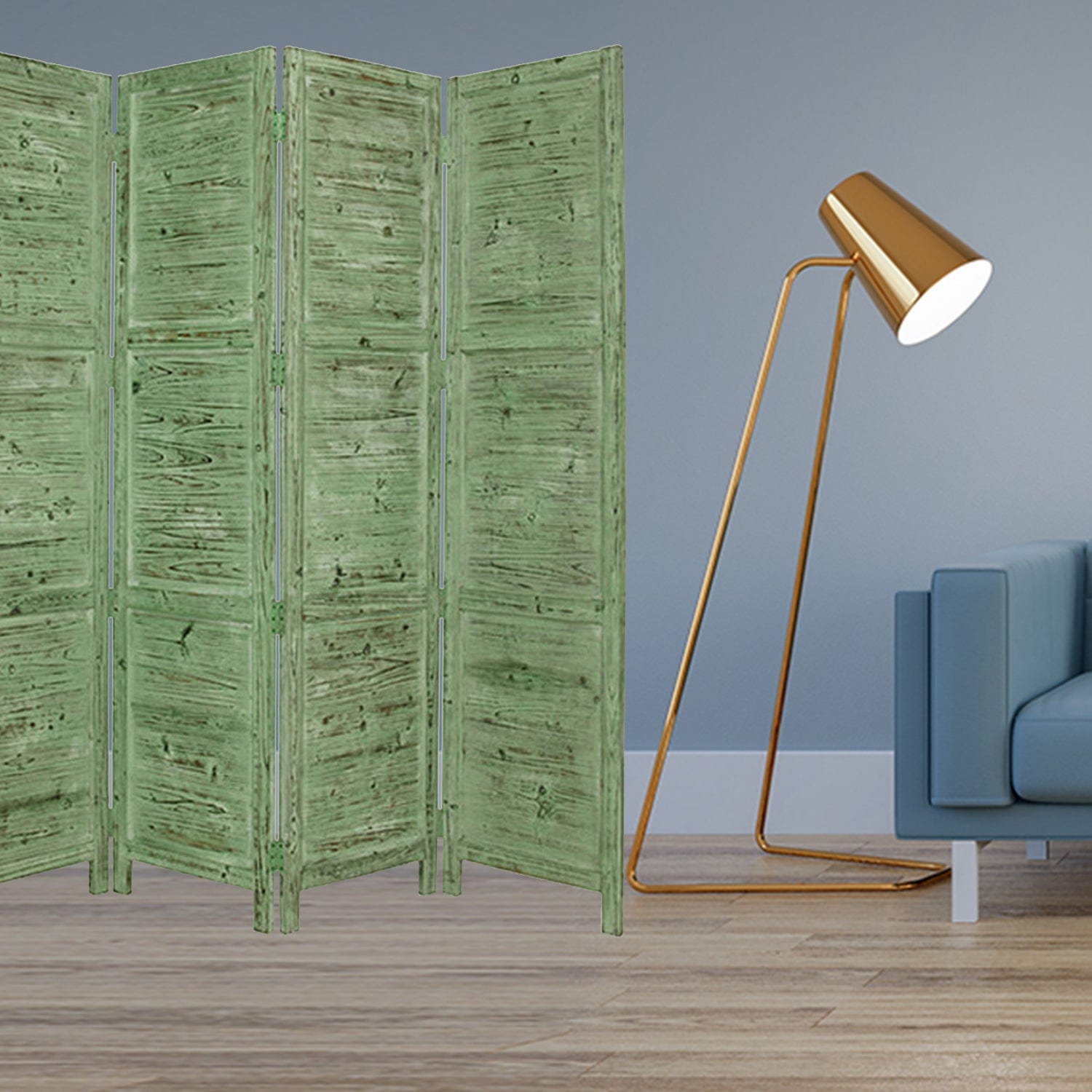 84" Green Rustic Wood Folding Four Panel Screen Room Divider - Homeroots