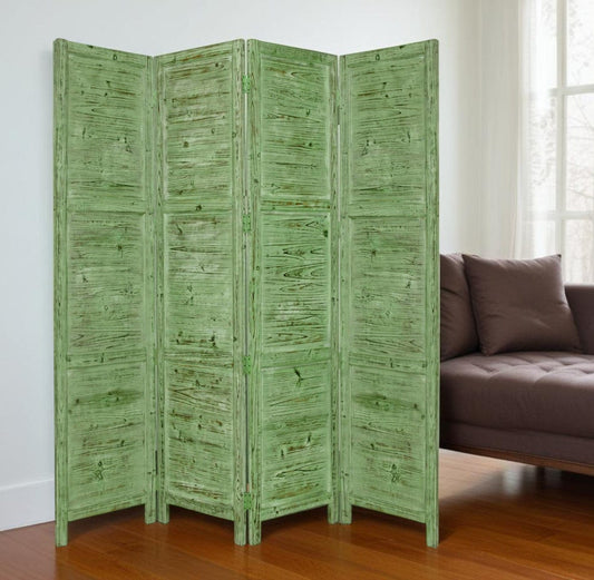 84" Green Rustic Wood Folding Four Panel Screen Room Divider - Homeroots