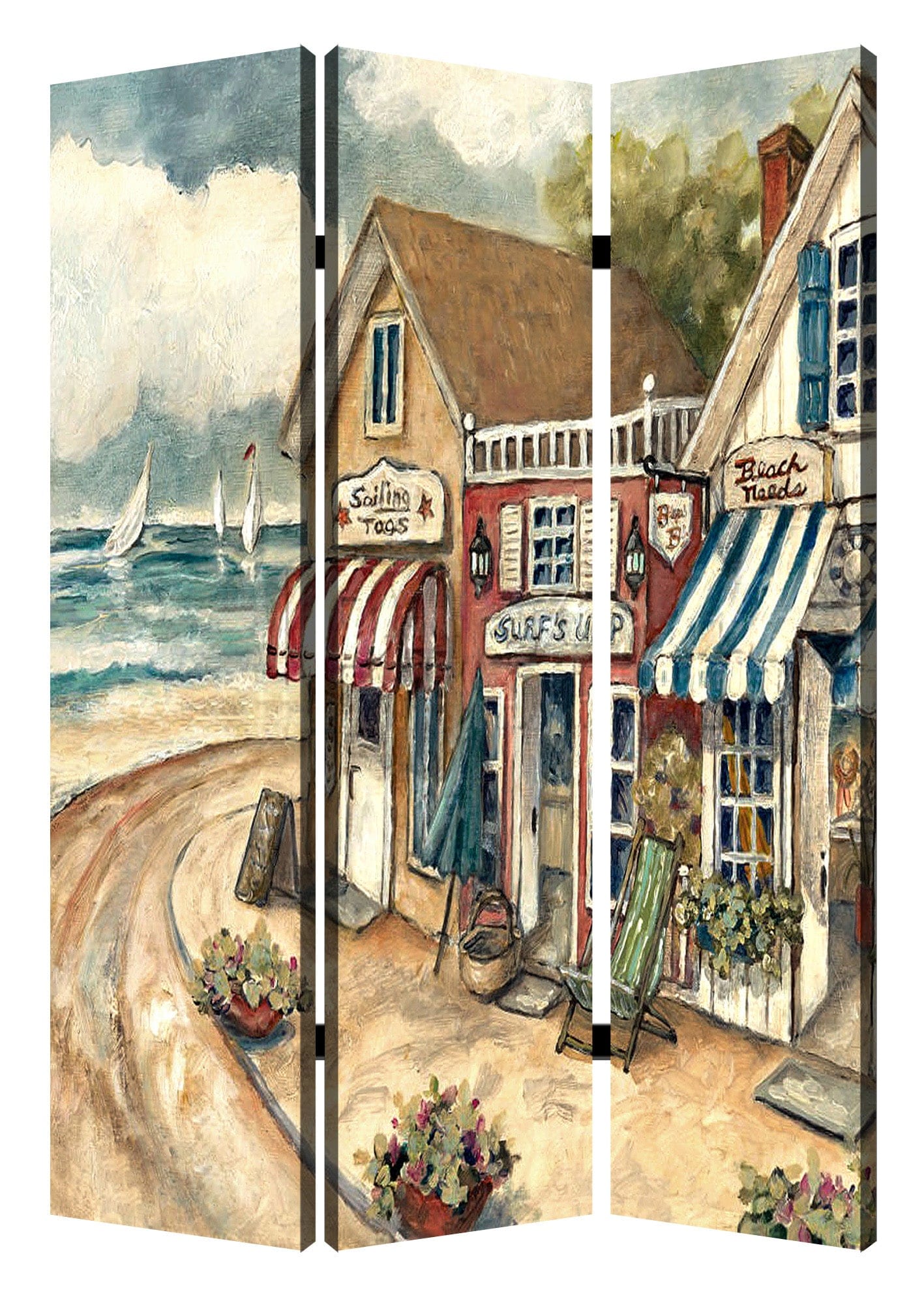 48 X 72 Multi Color Wood Canvas Seaside Town Slate  Screen - Homeroots