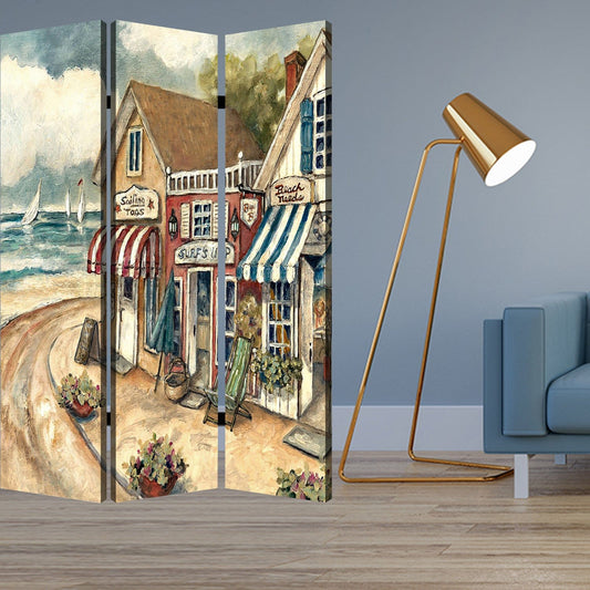 48 X 72 Multi Color Wood Canvas Seaside Town Slate  Screen - Homeroots