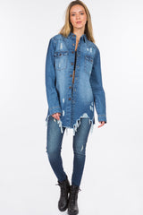 American Bazi Distressed Frayed Hem Denim Jacket - Trendsi